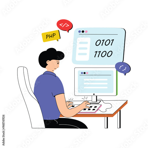 A man coding on desktop computer, developing software