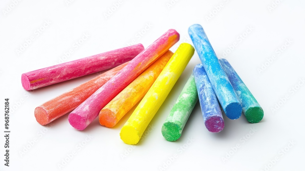 A collection of bright, vivid chalk sticks on a plain white background, emphasizing creativity and fun A collection of bright, vivid chalk sticks on a plain white background, emphasizing creativity and fun