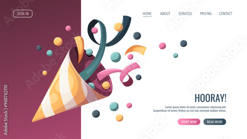 Web page design with party hat with confetti. Birthday party, celebration, congratulations, invitation concept. Vector illustration. Banner, website.