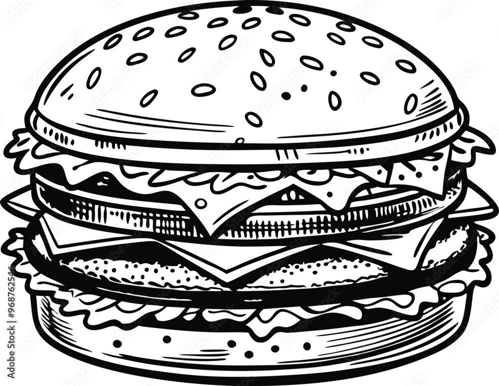 retro style sketch of big burger, hamburger hand drawn vector illustration retro style sketch of big burger, hamburger hand drawn vector illustration