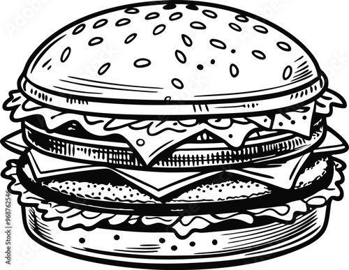 retro style sketch of big burger, hamburger hand drawn vector illustration