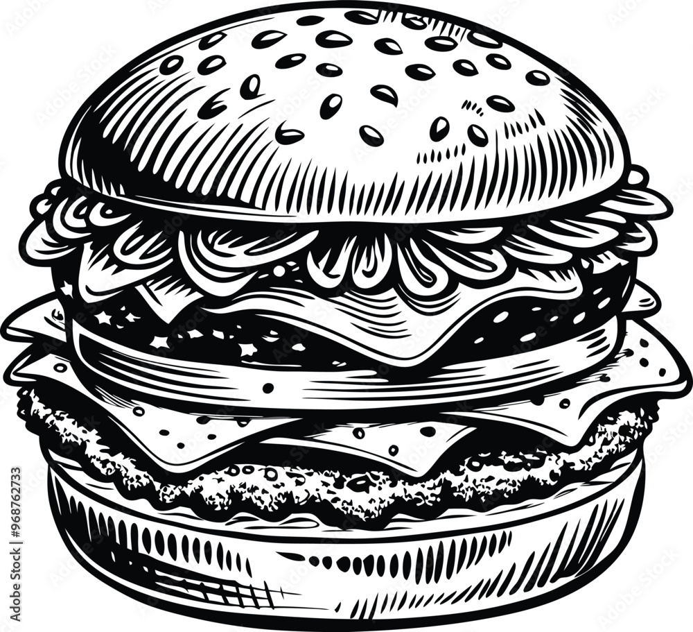 retro style sketch of big burger, hamburger hand drawn vector illustration retro style sketch of big burger, hamburger hand drawn vector illustration