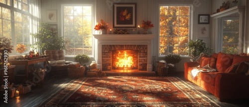 Cozy Living Room with a Fireplace and Autumnal Views photo