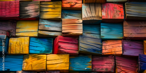 Vibrant Stacked Wooden Toy Blocks Chaos - Bright Colors, Haphazard Arrangement, Childhood Fun photo