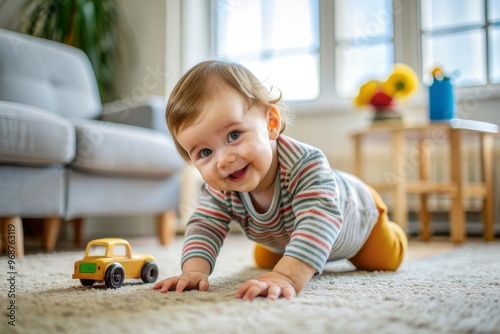 Cute cheerful baby playing with colorful toy at home. Baby boy playing with educational toy. Smiling little boy plays with toy car
