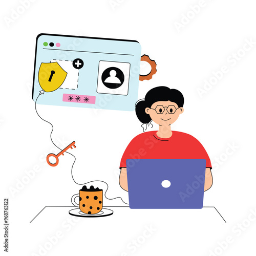 Woman designing cybersecurity network, cyber security flat illustration