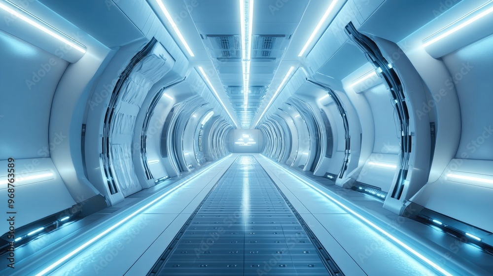 Naklejka premium A futuristic interior featuring multifunctional wall panels with a metallic gray finish, blending high-tech aesthetics with modern functionality