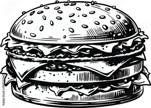 retro style sketch of big burger, hamburger hand drawn vector illustration