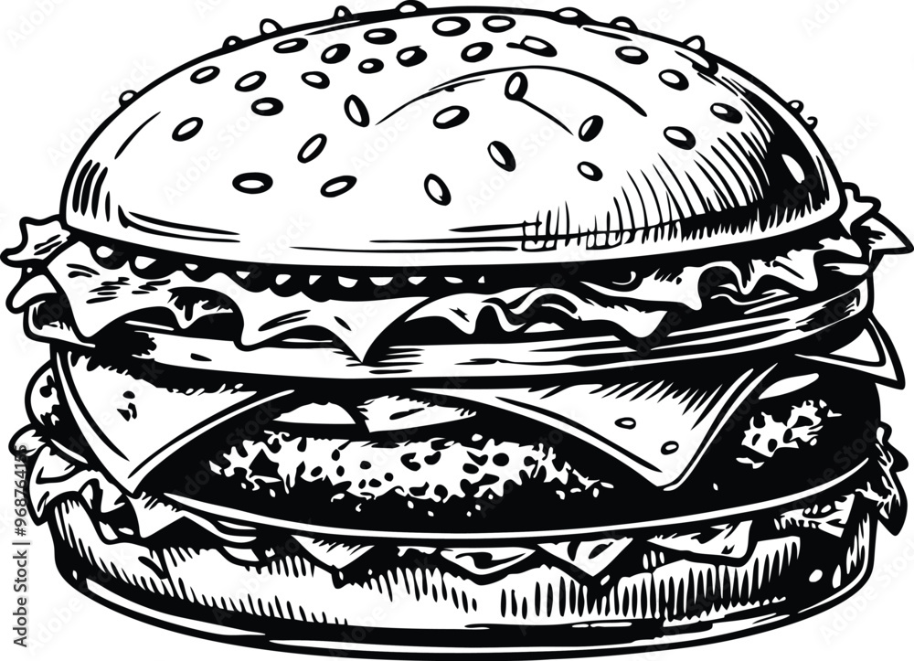 retro style sketch of big burger, hamburger hand drawn vector illustration retro style sketch of big burger, hamburger hand drawn vector illustration