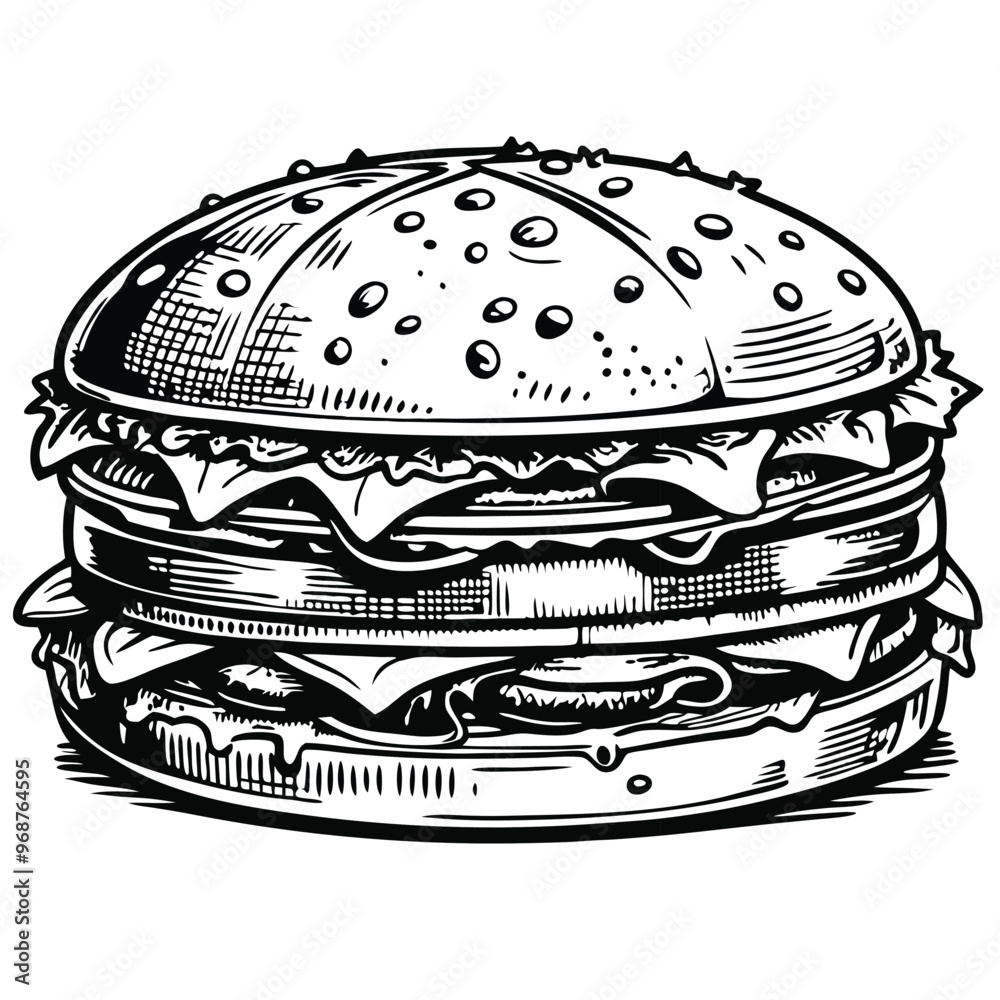 retro style sketch of big burger, hamburger hand drawn vector illustration retro style sketch of big burger, hamburger hand drawn vector illustration
