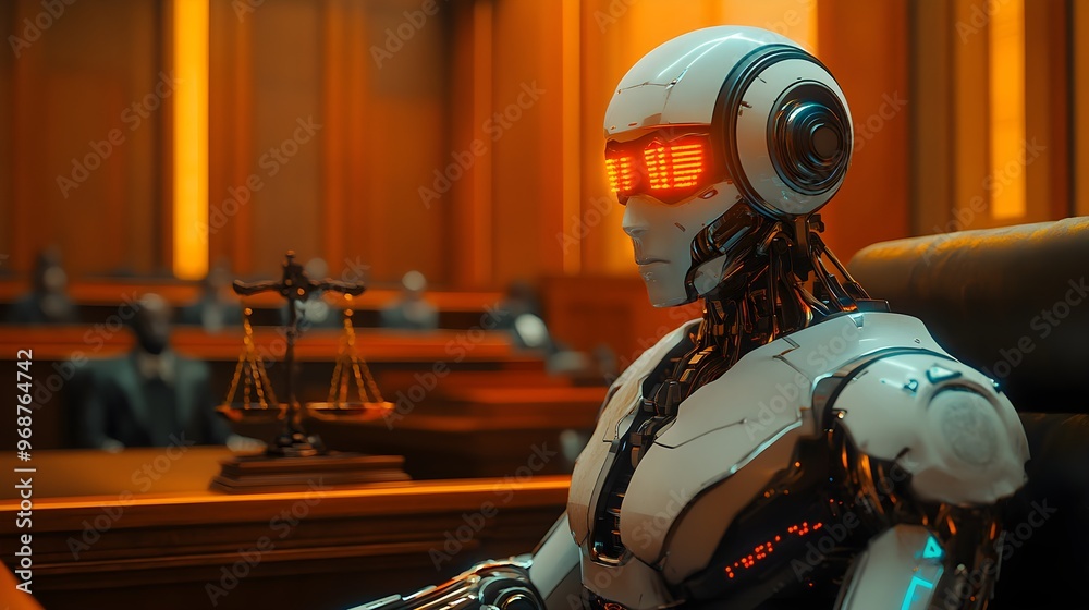 Fototapeta premium A human-like AI robot with neon-lit chains in a modern courtroom, glowing judge's bench with digital scales of justice, Steampunk, Illustration