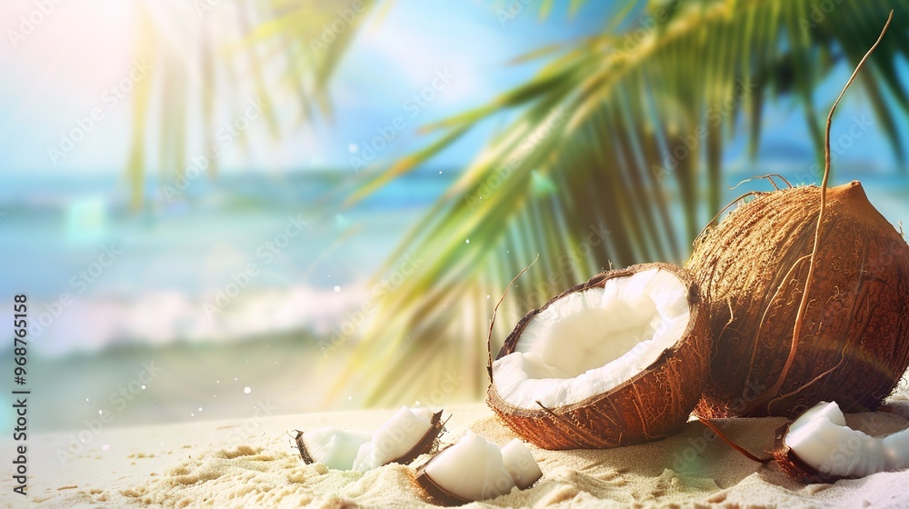 Beautiful Summer Beach Background with Palm Leaves and Ocean View Beautiful Summer Beach Background with Palm Leaves and Ocean View