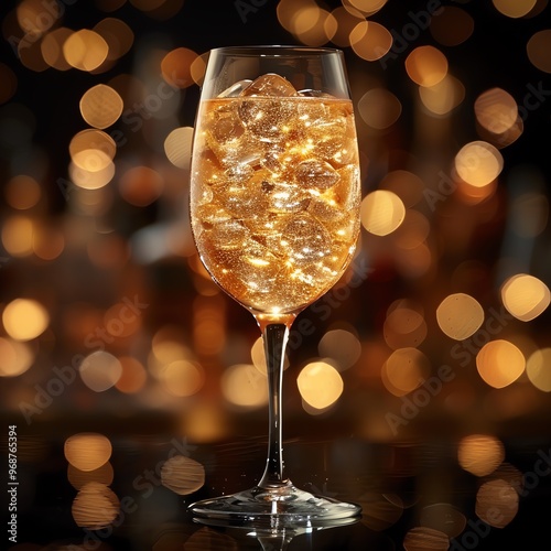 Champagne, prosecco. Drink in a glass with ice. Shimmer, lights, holiday, New Year. Menu, background, wallpaper, banner.