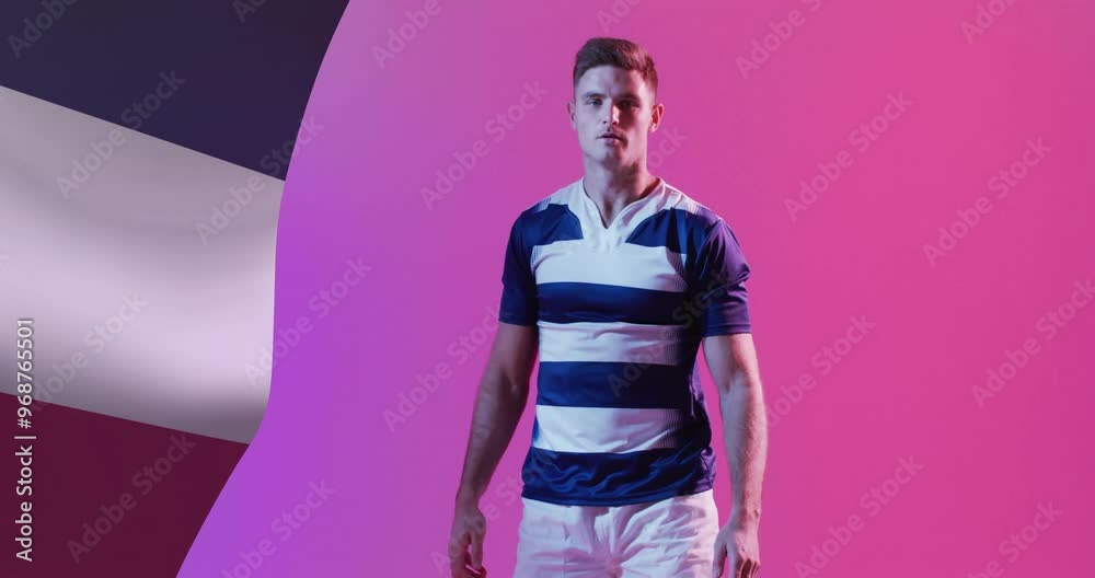 Animation of flag of france over caucasian male rugby player catching ball Animation of flag of france over caucasian male rugby player catching ball
