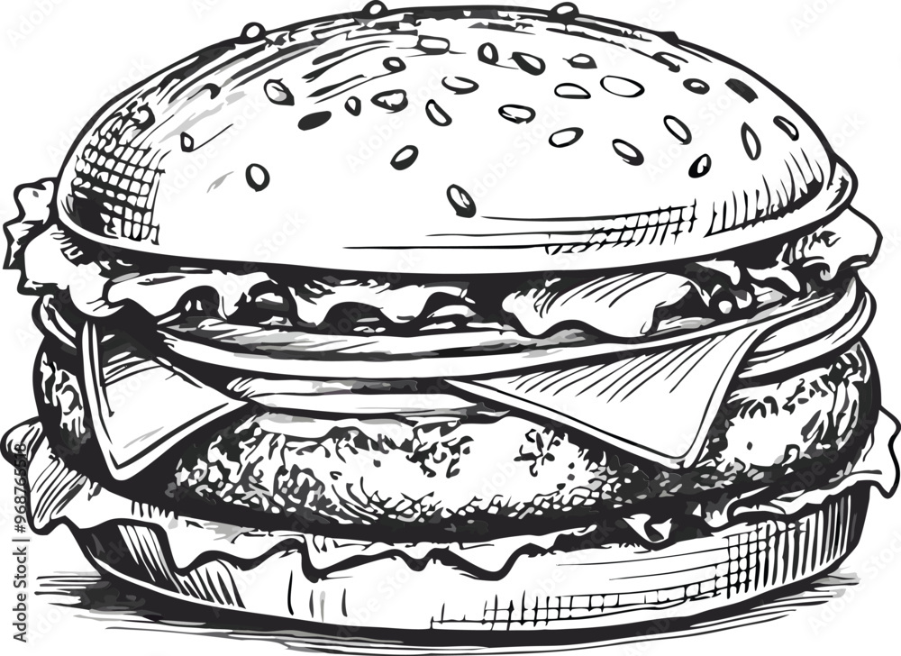 retro style sketch of big burger, hamburger hand drawn vector illustration retro style sketch of big burger, hamburger hand drawn vector illustration