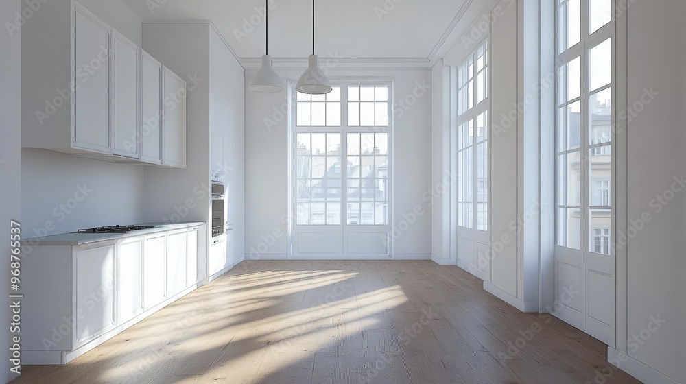 Fototapeta premium A spacious kitchen with minimalist white cabinets, large windows, and natural light highlighting the wooden flooring in a modern, clean aesthetic