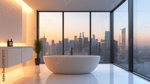 A spacious, minimalist bathroom featuring a freestanding tub, floor-to-ceiling window, and an open view of the city skyline photo