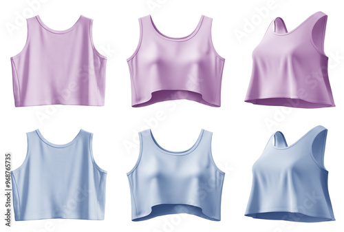 2 Set of pastel light blue purple woman loose cropped midriff sleeveless tank singlet tee t shirt round neck, front back side view on transparent cutout PNG. Mockup template for artwork design