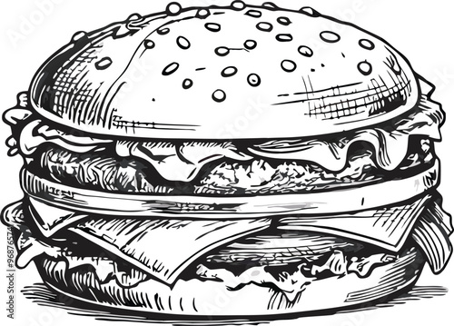 retro style sketch of big burger, hamburger hand drawn vector illustration