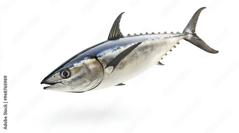 A tuna fish in mid-air, jumping out of the water, isolated on a white backdrop, showcasing its energy and agility A tuna fish in mid-air, jumping out of the water, isolated on a white backdrop, showcasing its energy and agility