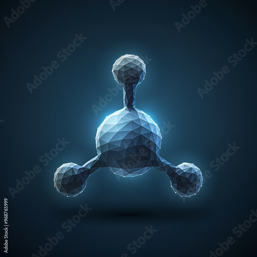 Illustration of a glowing low polygonal tetrahedral abstract molecule on a dark blue background. photo