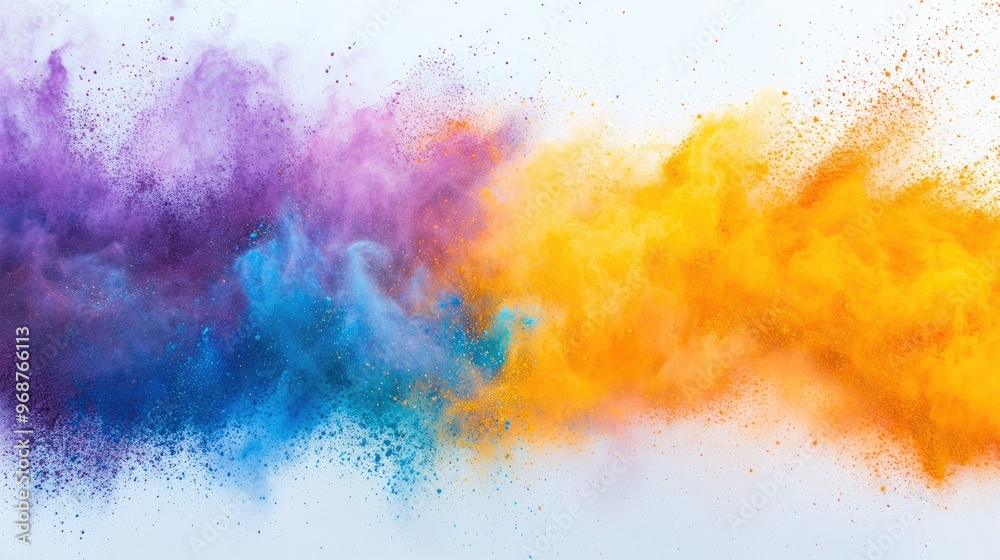 Obraz premium A vibrant explosion of Holi powder, blending yellow, purple, orange, and blue in a colorful celebration on a white backdrop.
