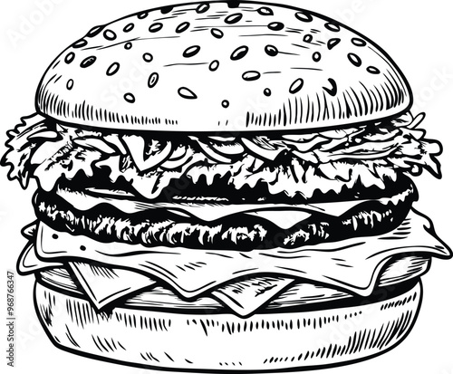 retro style sketch of big burger, hamburger hand drawn vector illustration