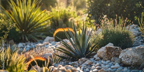 Drought resistant green plants in a garden featuring stone landscaping reminiscent of desert flora