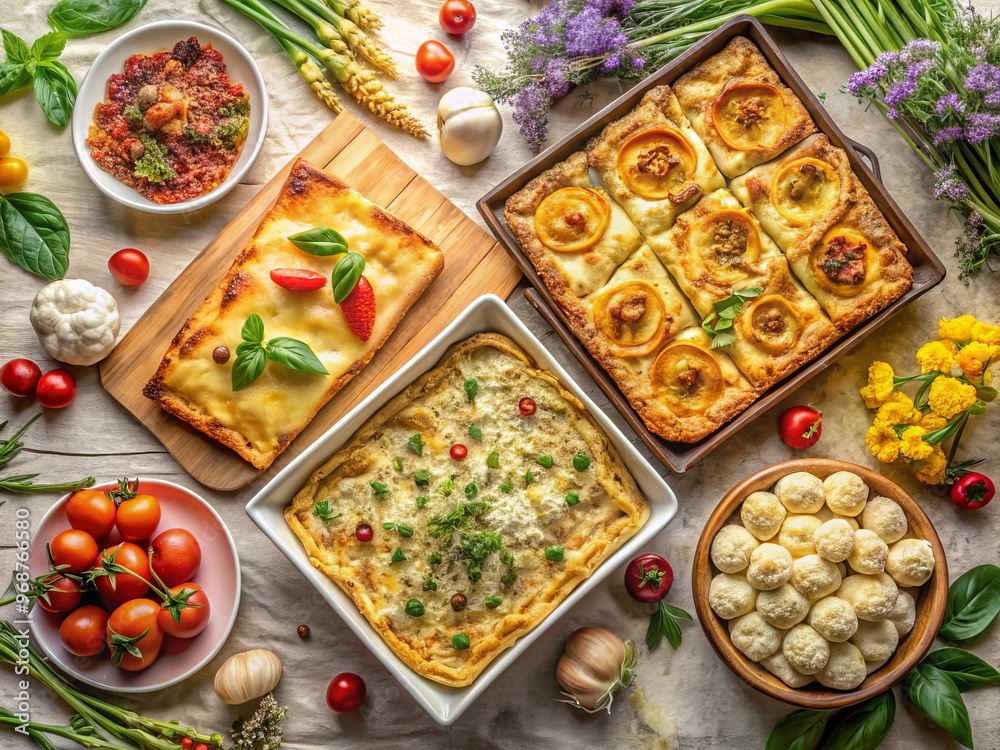 golden lasagna, roasted vegetables, garlic knots, and pizza slices abundant with flowers and linen-covered tables. golden lasagna, roasted vegetables, garlic knots, and pizza slices abundant with flowers and linen-covered tables.