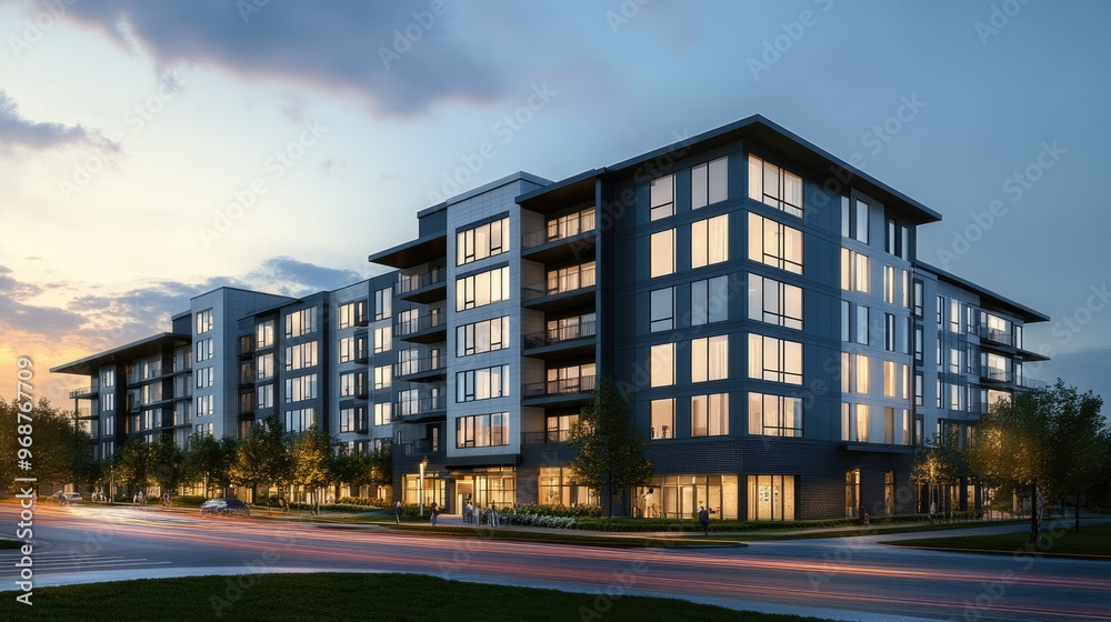 custom made wallpaper toronto digitalArchitectural visualization of a multi-story building rendered in BIM, with glowing twilight sky and realistic details emphasizing modern design