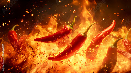 The intense heat of the flames surrounding chili peppers, with the fire's orange and yellow hues highlighting the peppers photo