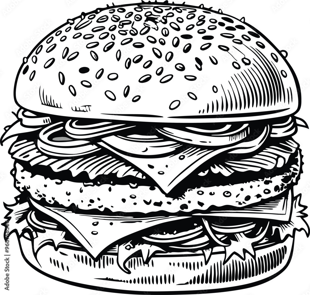 retro style sketch of big burger, hamburger hand drawn vector illustration retro style sketch of big burger, hamburger hand drawn vector illustration