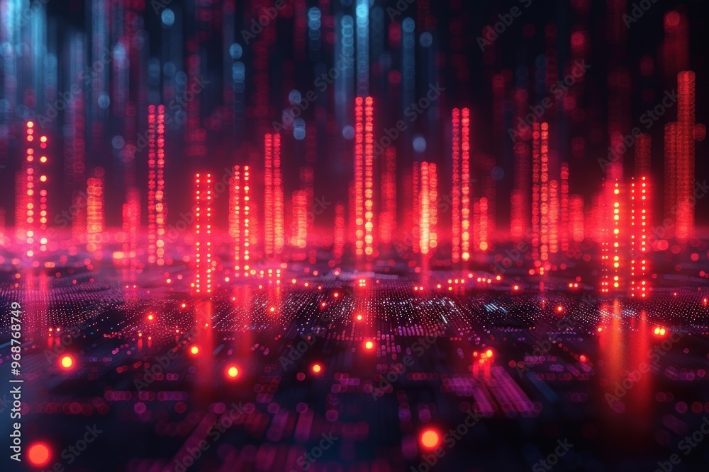 Fototapeta premium Abstract futuristic cityscape with glowing red and blue lights on a circuit board background.