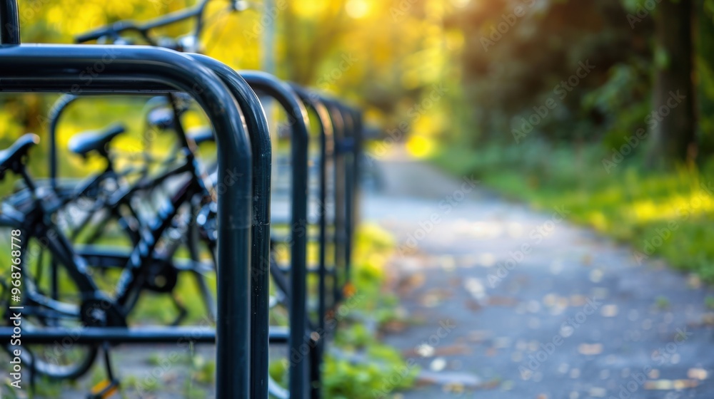 Fototapeta premium Bicycle Racks: Metal stands for securely parking and locking bikes, typically located near entrances or popular spots for convenience and safety. 
