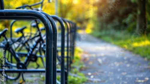 Bicycle Racks: Metal stands for securely parking and locking bikes, typically located near entrances or popular spots for convenience and safety. 