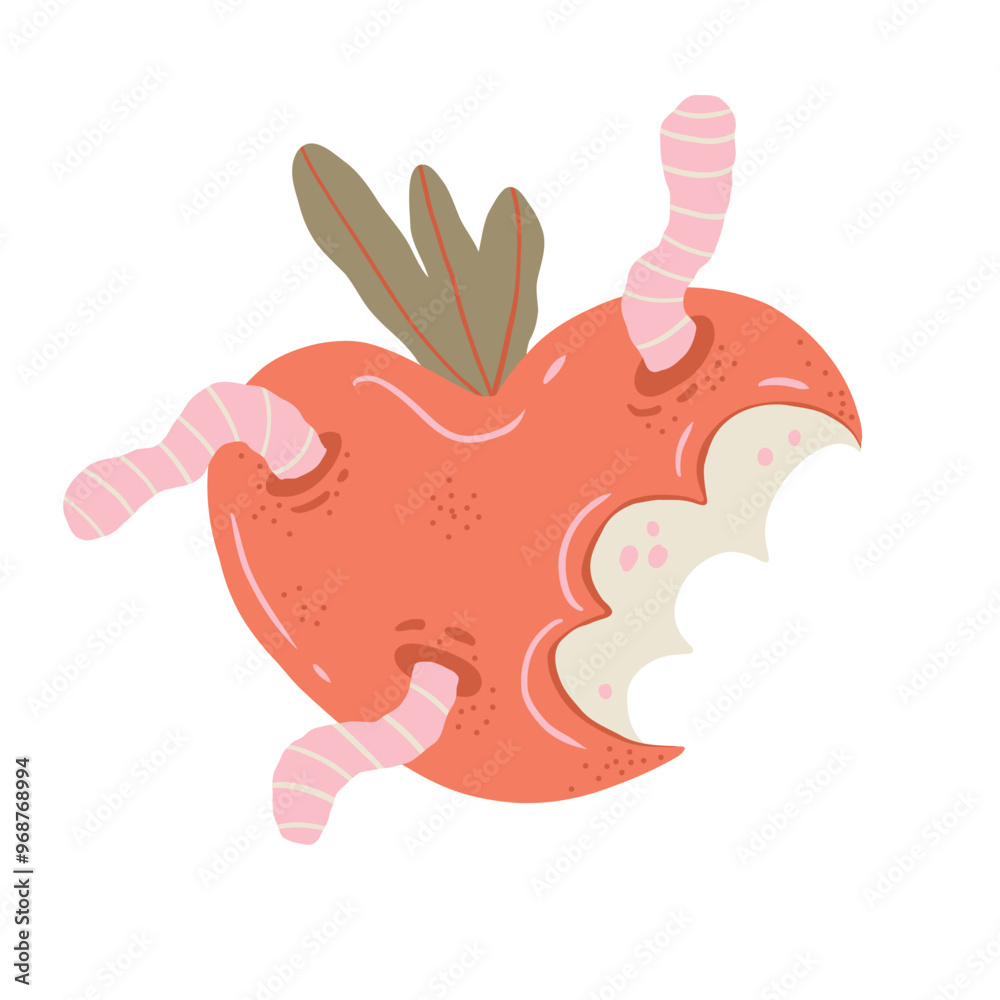 Obraz premium Cute Halloween Apple with Worms. Retro hand drawn Autumn Isolated stickers