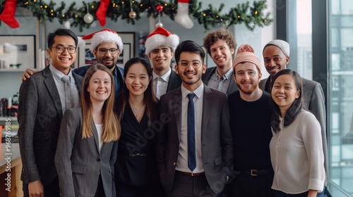 Group of coworkers wearing festive attire are posing together for a picture in their office in celebration of the christmas and new year holiday season