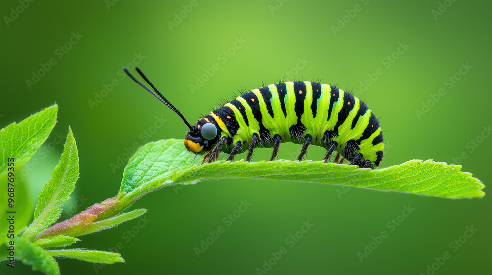 Fototapeta premium A vibrant green caterpillar perched on a leaf, showcasing its striking black stripes against a soft blurred green background.