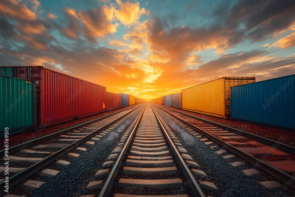Fototapeta premium freight train with containers, railway at sunset
