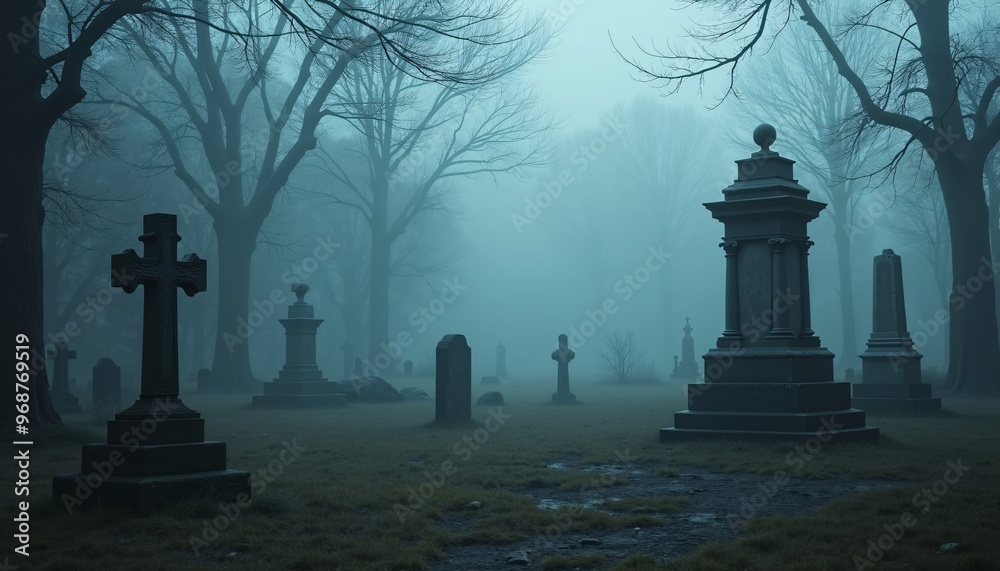 A Ghostly Graveyard with Mist Drifting Over Skeletal Remains and Broken Headstones A Ghostly Graveyard with Mist Drifting Over Skeletal Remains and Broken Headstones