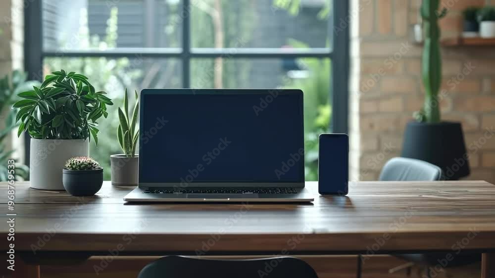 A modern workspace featuring a laptop, speaker, and plants A modern workspace featuring a laptop, speaker, and plants