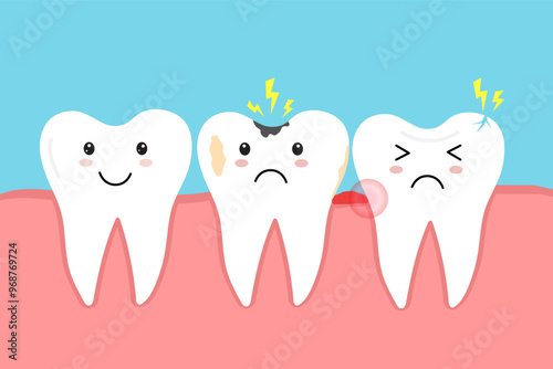 Tooth decay. Broken tooth. Damaged tooth. Plaque terth. Dental caries. Toothache molar. inflamed and swollen gum. Vector illustration