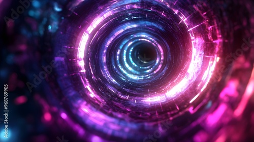 Neon spiral tunnel leading into the unknown in a futuristic 3D space