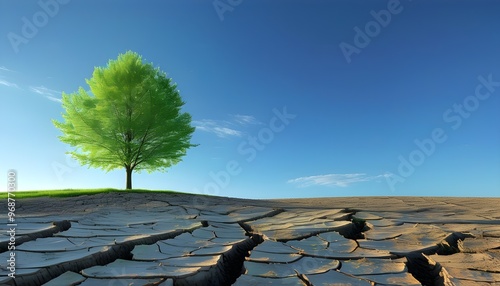 Resilient green tree thriving in a cracked landscape under a clear blue sky, symbolizing hope and perseverance in adversity photo