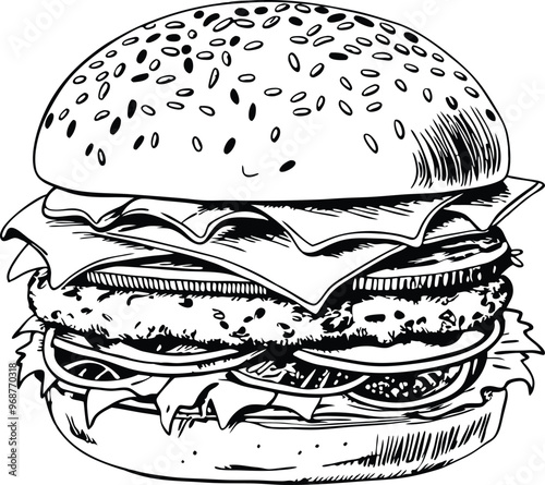 retro style sketch of big burger, hamburger hand drawn vector illustration