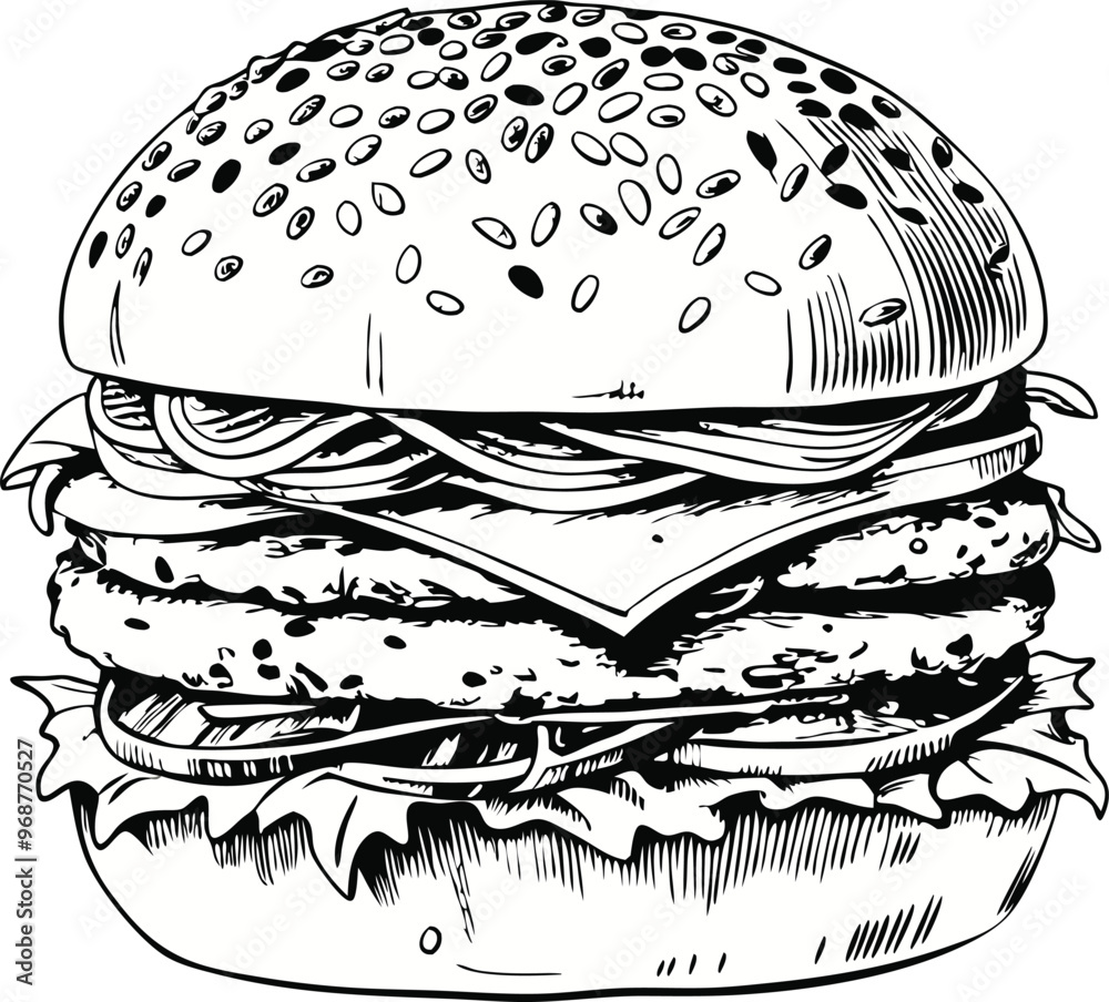 retro style sketch of big burger, hamburger hand drawn vector illustration retro style sketch of big burger, hamburger hand drawn vector illustration