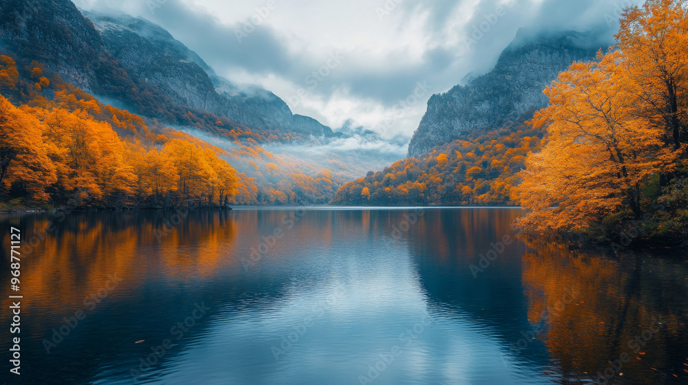 custom made wallpaper toronto digitalStunning autumn landscape with vibrant orange trees reflecting in calm lake surrounded by mountains under a cloudy sky