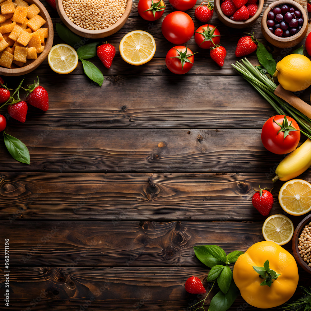 Healthy food background. Vegetables, fruits and berries on wooden table. Top view with copy space Healthy food background. Vegetables, fruits and berries on wooden table. Top view with copy space