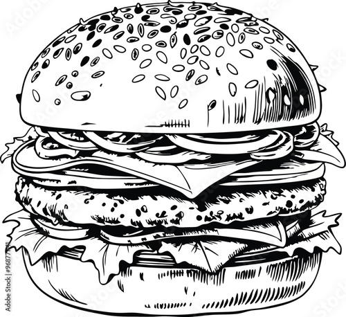 retro style sketch of big burger, hamburger hand drawn vector illustration