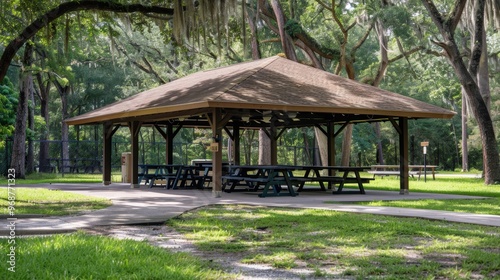 Pavilions: Covered open spaces equipped with picnic tables. Suitable for gatherings, events, or barbecues, providing shade and ample room for larger groups. 